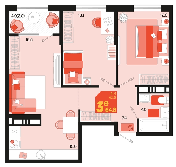 
   Продам 3-комнатную, 64.8 м², Первое место, квартал 1.2, литер 2

. Фото 2.