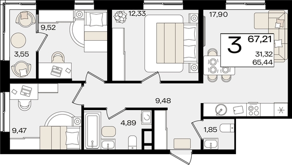 
   Продам 3-комнатную, 67.21 м², Патрики, литер 1.2

. Фото 7.