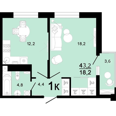
  Продается 1-комн. квартира, 39.6 м², ЖК Горячий, литера 2
. Фото 1.