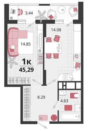 
   Продам 1-комнатную, 45.29 м², Родные просторы, литера 24

. Фото 4.