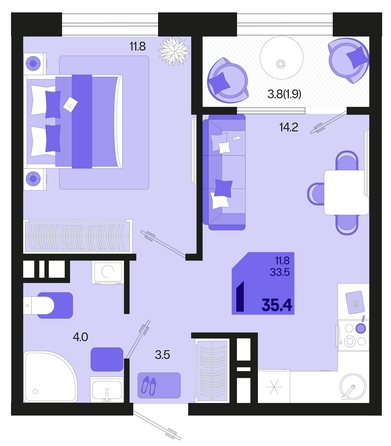 
   Продам 1-комнатную, 35.4 м², Первое место, квартал 1.3, литер 2

. Фото 1.