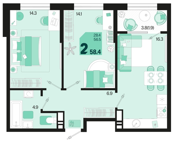 
   Продам 2-комнатную, 58.4 м², Первое место, квартал 1.3, литер 2

. Фото 1.