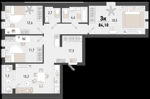 
   Продам 3-комнатную, 84.1 м², Барса, 4В литер

. Фото 2.