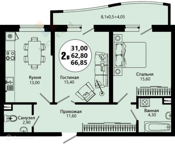 
   Продам 2-комнатную, 65.2 м², Тополиная ул, 40/1к2

. Фото 7.