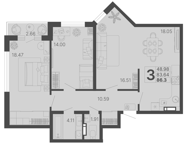 
   Продам 3-комнатную, 84.97 м², Светский лес, литер 4

. Фото 1.