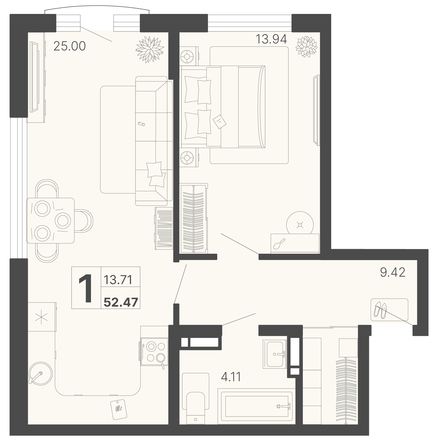 
   Продам 1-комнатную, 52.47 м², Светский лес, литер 4

. Фото 1.