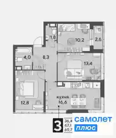 
   Продам 3-комнатную, 69.7 м², Марины Цветаевой ул, 7 к2

. Фото 5.