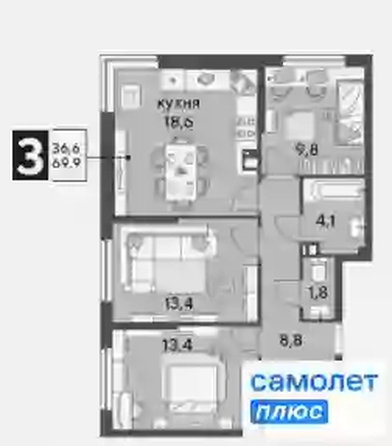 
   Продам 3-комнатную, 69.9 м², Марины Цветаевой ул, 7 к2

. Фото 5.