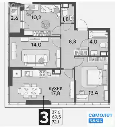 
   Продам 3-комнатную, 72.1 м², Марины Цветаевой ул, 7 к2

. Фото 5.