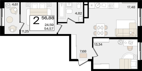 
   Продам 2-комнатную, 56.88 м², Патрики, литер 1.3

. Фото 7.