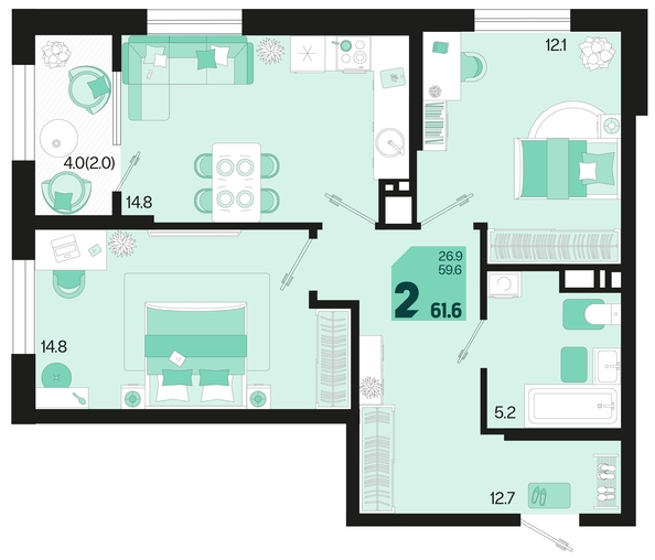 
   Продам 2-комнатную, 61.6 м², Первое место, квартал 1.10, литер 2

. Фото 1.