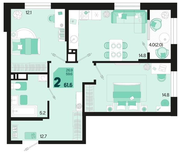 
   Продам 2-комнатную, 61.6 м², Первое место, квартал 1.10, литер 2

. Фото 12.