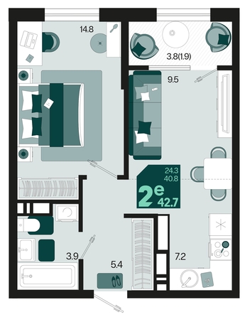 
   Продам 2-комнатную, 42.7 м², Первое место, квартал 1.10, литер 2

. Фото 1.