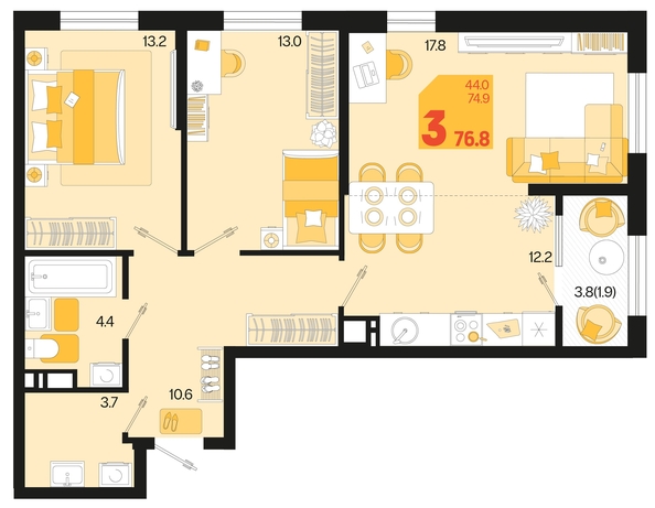 
   Продам 3-комнатную, 76.8 м², Первое место, квартал 1.10, литер 2

. Фото 1.