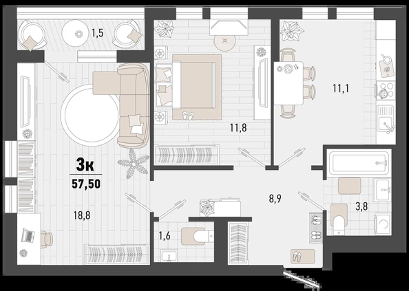 
   Продам 2-комнатную, 57.5 м², Барса, 3В литер

. Фото 1.