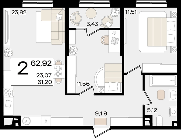 
   Продам 2-комнатную, 62.92 м², Патрики, литер 1.1

. Фото 7.