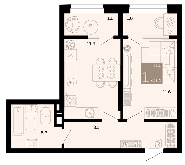 
   Продам 1-комнатную, 40.4 м², Хозяин морей, литер 1

. Фото 1.