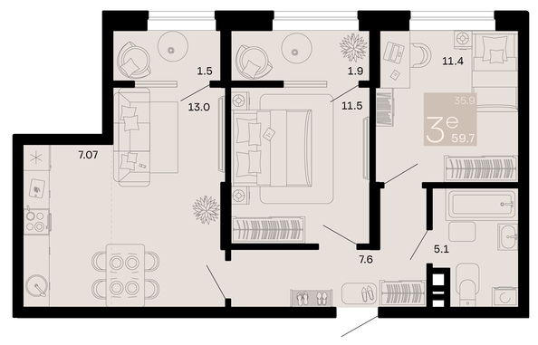 
   Продам 3-комнатную, 59.7 м², Хозяин морей, литер 1

. Фото 1.