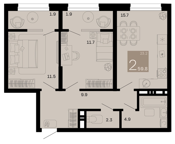 
   Продам 2-комнатную, 59.8 м², Хозяин морей, литер 1

. Фото 1.