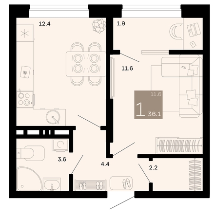 
   Продам 1-комнатную, 36.1 м², Хозяин морей, литер 1

. Фото 1.