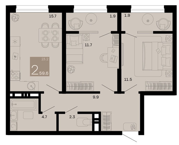 
   Продам 2-комнатную, 59.6 м², Хозяин морей, литер 1

. Фото 1.