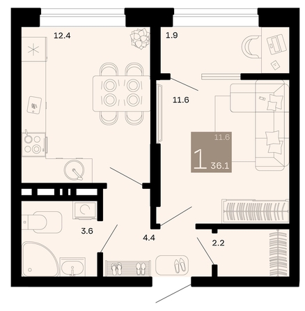 
   Продам 1-комнатную, 36.1 м², Хозяин морей, литер 1

. Фото 1.