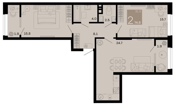 
   Продам 2-комнатную, 74.6 м², Хозяин морей, литер 1

. Фото 1.