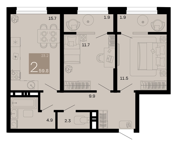 
   Продам 2-комнатную, 59.8 м², Хозяин морей, литер 2

. Фото 1.