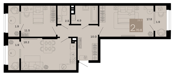 
   Продам 2-комнатную, 70.6 м², Хозяин морей, литер 2

. Фото 1.