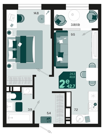 
   Продам 2-комнатную, 42.7 м², Первое место, квартал 1.4, литер 1

. Фото 1.