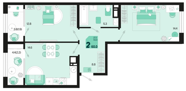 
   Продам 2-комнатную, 60 м², Первое место, квартал 1.4, литер 2

. Фото 12.