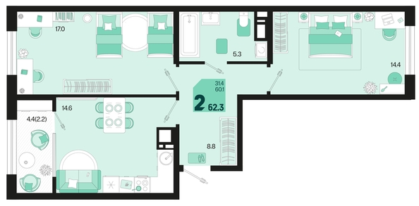 
   Продам 2-комнатную, 62.3 м², Первое место, квартал 1.4, литер 2

. Фото 1.