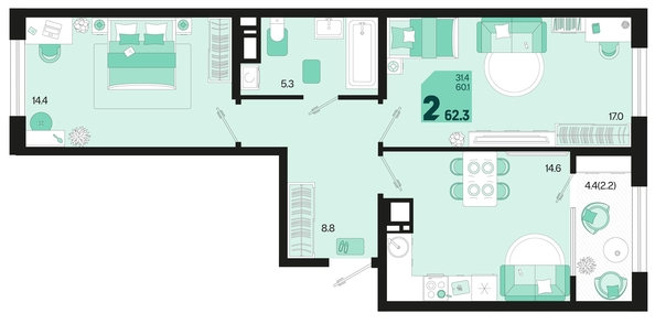 
   Продам 2-комнатную, 62.3 м², Первое место, квартал 1.4, литер 2

. Фото 1.