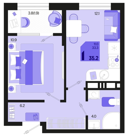 
   Продам 1-комнатную, 35.2 м², Первое место, квартал 1.4, литер 2

. Фото 1.