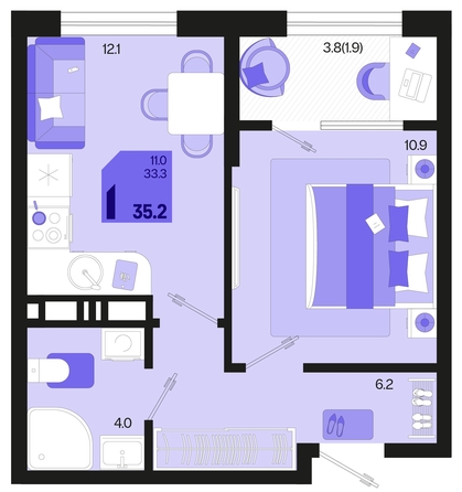 
   Продам 1-комнатную, 35.2 м², Первое место, квартал 1.4, литер 2

. Фото 1.