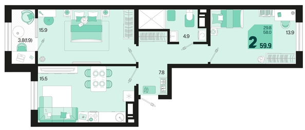 
   Продам 2-комнатную, 59.9 м², Первое место, квартал 1.4, литер 2

. Фото 1.