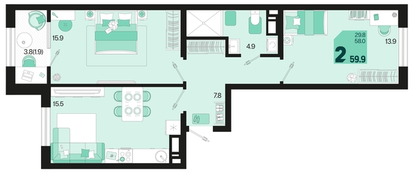 
   Продам 2-комнатную, 59.9 м², Первое место, квартал 1.4, литер 2

. Фото 1.