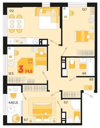 
   Продам 3-комнатную, 74.6 м², Первое место, квартал 1.4, литер 2

. Фото 1.