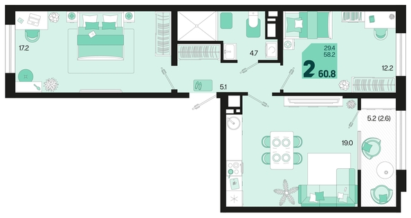 
   Продам 2-комнатную, 60.8 м², Первое место, квартал 1.4, литер 2

. Фото 1.