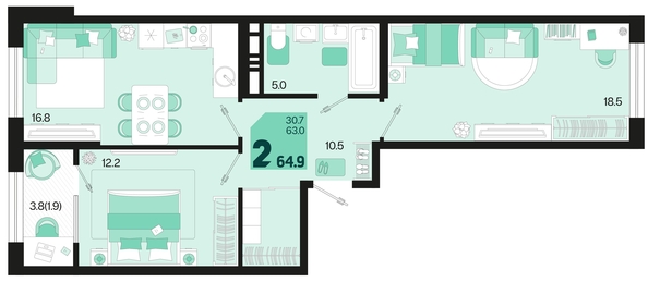 
   Продам 2-комнатную, 64.9 м², Первое место, квартал 1.4, литер 2

. Фото 12.