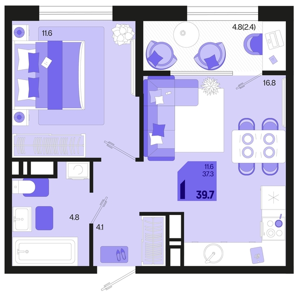 
   Продам 1-комнатную, 39.7 м², Первое место, квартал 1.4, литер 2

. Фото 1.