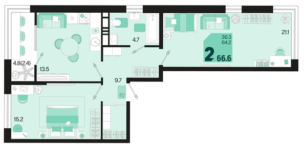 
   Продам 2-комнатную, 66.6 м², Первое место, квартал 1.4, литер 2

. Фото 1.