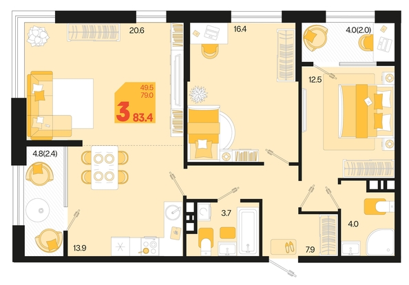 
   Продам 3-комнатную, 83.4 м², Первое место, квартал 1.5, литер 1

. Фото 1.