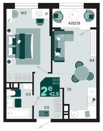 
   Продам 2-комнатную, 42.9 м², Первое место, квартал 1.5, литер 1

. Фото 1.