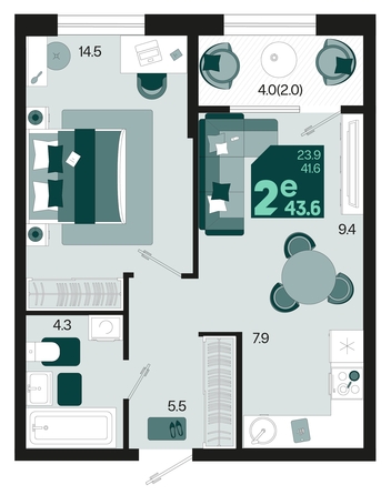 
   Продам 2-комнатную, 43.6 м², Первое место, квартал 1.5, литер 1

. Фото 1.