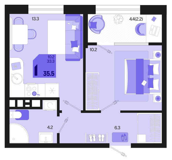 
   Продам 1-комнатную, 35.5 м², Первое место, квартал 1.5, литер 1

. Фото 1.