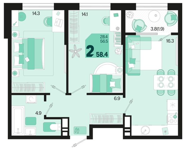 
   Продам 2-комнатную, 58.4 м², Первое место, квартал 1.5, литер 1

. Фото 1.