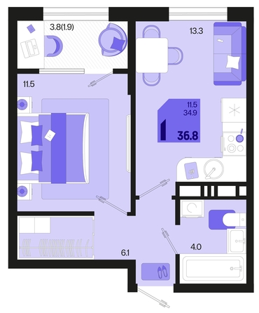 
   Продам 1-комнатную, 36.8 м², Первое место, квартал 1.5, литер 1

. Фото 1.