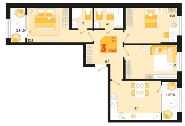 
   Продам 3-комнатную, 75.2 м², Первое место, квартал 1.5, литер 1

. Фото 1.