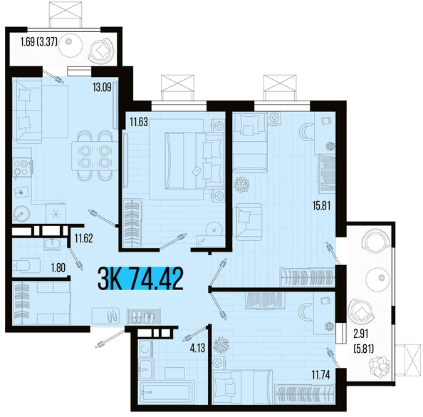 
   Продам 3-комнатную, 74.42 м², Цветной бульвар, литер 4

. Фото 4.